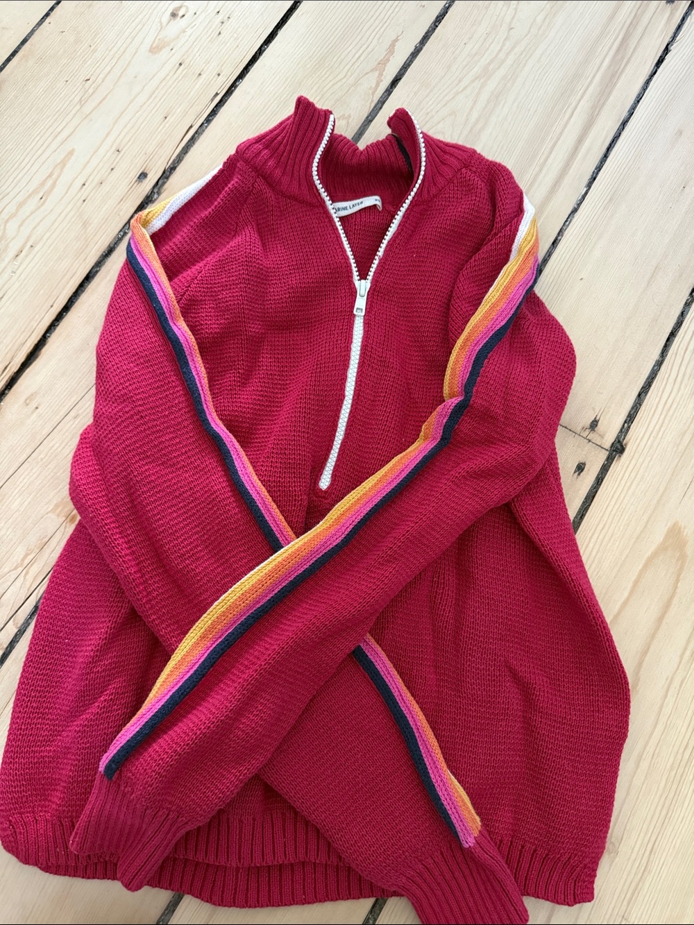 Marine Layer Raspberry Half-Zip Sweater with Rainbow Stripe Sleeves